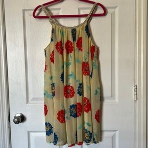 Yellow, Red, and Blue Floral Sundress with Braided Gold Neckline